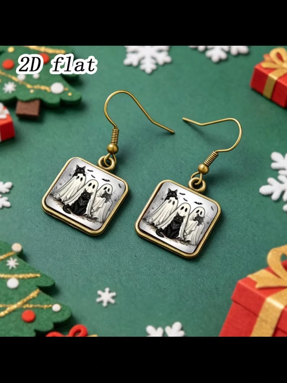 Glass Gold Tone Halloween Ghost & Black Cat Square Drop Earrings